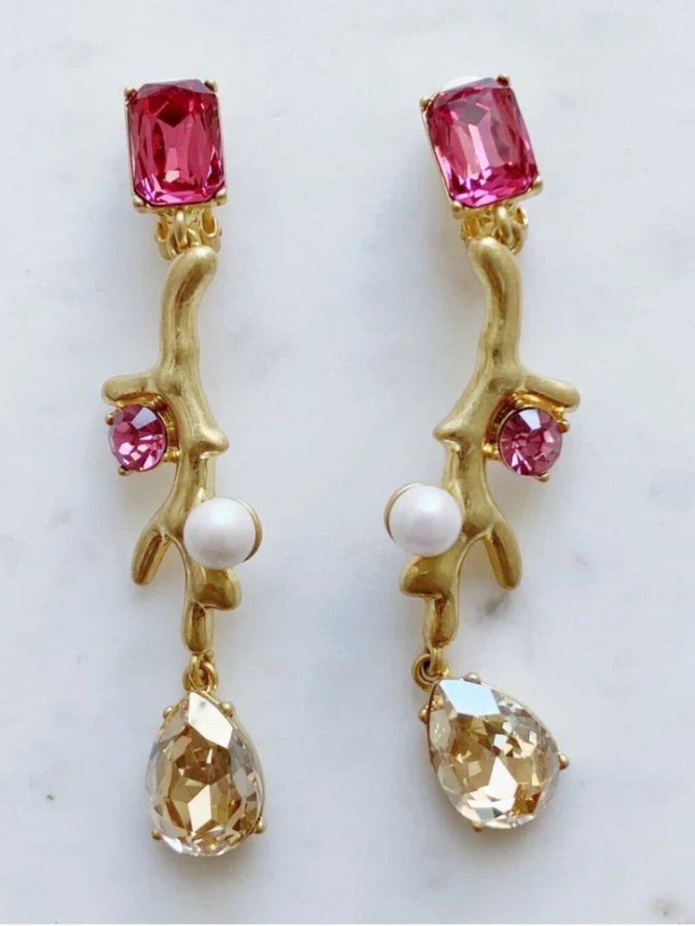 Oscar de la Renta Coral Branch Crystal Drop Earrings Pink Champagne Pearl